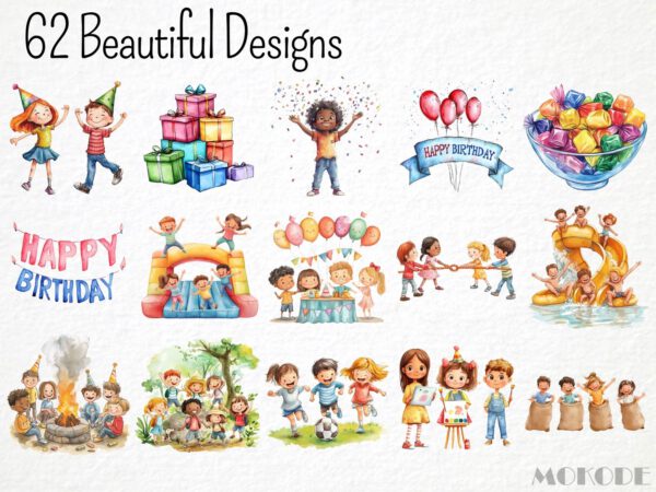 Watercolor Kids Birthday Party Clipart 62 Png, Cartoon Birthday Balloon Invitation Illustration, Gifts, Digital Prints, Instant Download - Image 3