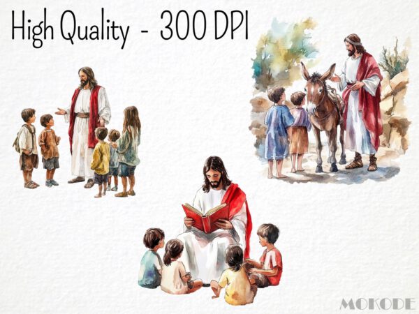 Jesus with Kids Clipart 20 Png, Watercolor New Testament Jesus Christ healing Children, Bible Stories Christian, Religious Sunday School Art - Image 2