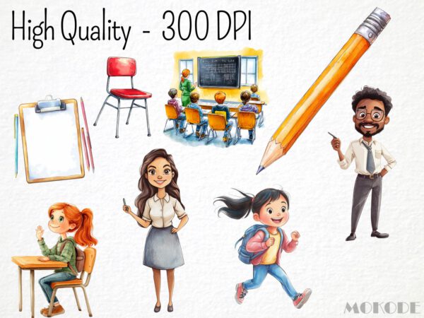 Cartoon School Watercolor Clipart 73 Png, Funny Elementary School Kids, Teacher Digital Prints, Schoolbus, Instant Download, Scrapbooking - Image 2