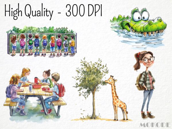 Watercolor Trip to the Zoo Clipart 50 Png, Cartoon School Kids at Zoo, Animals Illustration, Funny Lion Digital Prints, Instant Download - Image 2