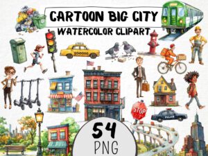 Watercolor Big City Clipart 54 Png, Cartoon New York Graphics, Building Illustration, Urban Digital Prints, Instant Download, Scrapbooking