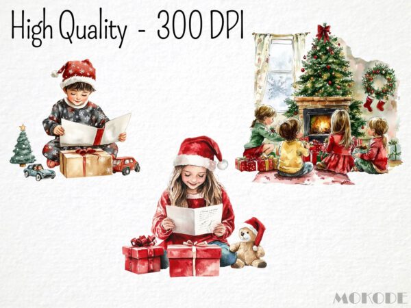 Watercolor Christmas Kids Clipart 21 Png, Christmas Eve Presents Opening, Santa Xmas Tree, Invitation Card Making, Commercial Use - Image 2