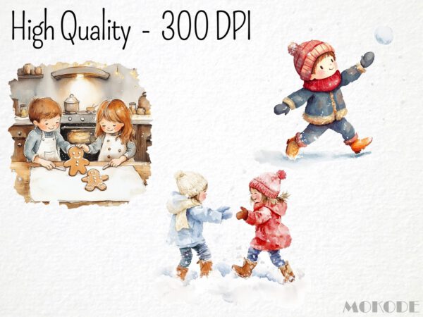 Watercolor Winter Fun Clipart 22 Png, Kids Playing in Snow, Christmas Tree, Kids Baking Cookie, Snowman Snowball Fight, Commercial Use - Image 2