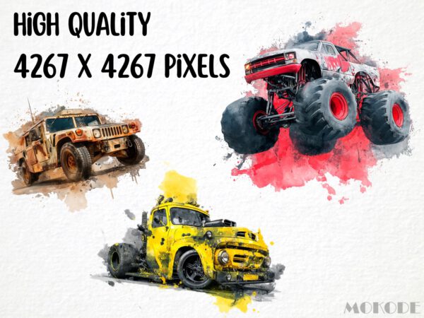 Cool Offroads Clipart 25 Png, Racing Monstertruck Color Splash Tshirt Design Clipart, POD Boys T shirt Graphics Watercolor, Commercial Use - Image 2