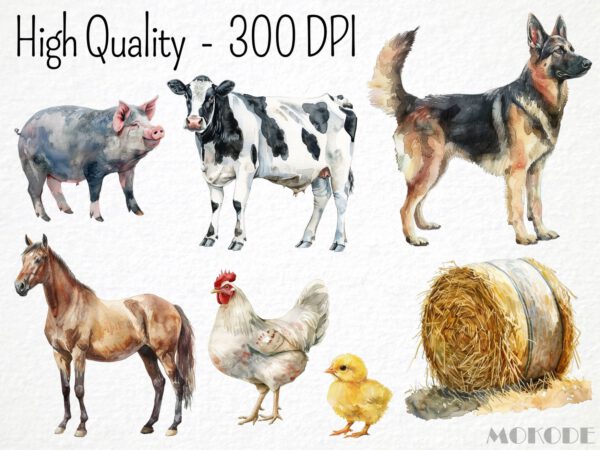 Farm Animals Clipart 40 Png, Watercolor Farm, Cute Cow Illustration, Sheep Art, Goat Clipart, Pig, Horse, Chicken Coop, Digital Download - Image 2
