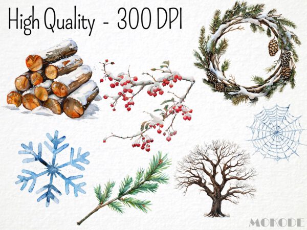 Watercolor Winter Forest Clipart 74 Png, Frosty Twigs & Logs Crafting, Snowy Pine Tree Cone, Pine Needle, Icy Leaf, Cold Nature, Download - Image 2