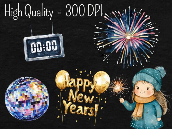 Watercolor Cute New Years' Eve 2025 Clipart 43 Celebration Png Happy New Years Fireworks, Kids Sparkler, Scrapbooking, Digital Holiday - Image 2