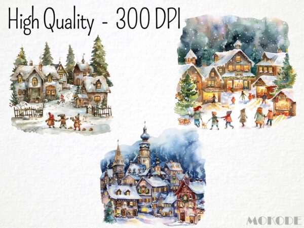 Watercolor Christmas Landscapes Clipart 30 Png, Festive Spirit, Winter Landscape, Snowy Village, Pine Tree, Commercial Use, Digital Download - Image 2