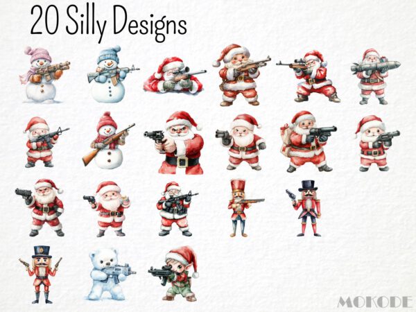Watercolor Funny Christmas Army Clipart 21 Png, Santa Claus with Guns, Festive Military, Silly Santa with Rifle, Digital Prints Scrapbook - Image 3