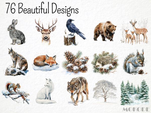 Watercolor Winter Woodland Clipart 76 Png, Snowy Forest Animals, Winter Fox, Owl, Deer, Frosty Pine Tree Cone, Commercial Use, Download - Image 4