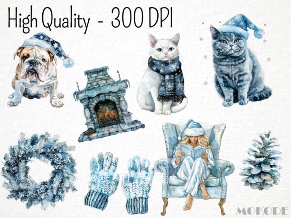 Watercolor Frosty Christmas Clipart 58 Png, Soft Cozy Winter Snow Clipart, Cold Winter Girl in Sweater Cute, Digital Prints Scrapbooking - Image 3