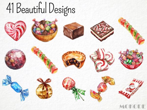 Watercolor Christmas Candy Clipart 41 Png, Festive Sweets, Chocolate Bar, Christmas Wrapped Bonbon, Sugar Cane, Digital Prints Scrapbooking - Image 3