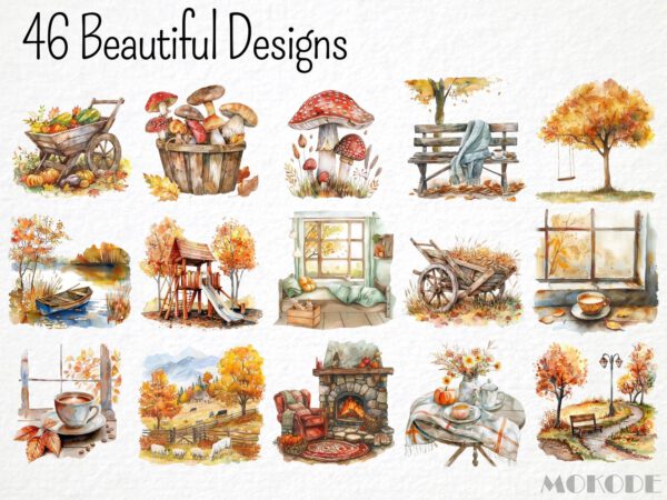 Watercolor Cozy Autumn Clipart 46 Png, Fall Home Fireplace, Autumn Coffee, Fall Window, Digital Download Commercial Use - Image 3