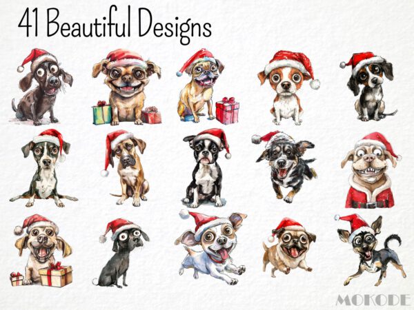 Funny Christmas Dogs Clipart 41 Png, Festive Caricature Puppies, Quirky Dog Clipart, Pet Santa Hat Animals, Digital Prints Scrapbooking - Image 2