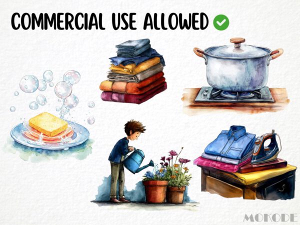 Watercolor Housekeeping Clipart 49 Png Household Chores Graphic, Laundry Basket Clipart, Hanging Clothes, Commercial Use Instant Download - Image 4
