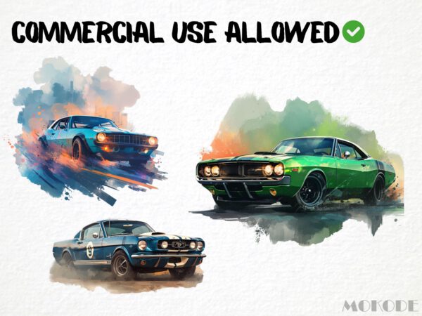 Cool Muscle Cars Watercolor Clipart 32 Png, Classic American Race Car Nursery Clipart, invitation card, Boys T shirt Graphics Commercial Use - Image 4