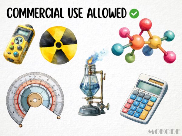 Science Lab Clipart 89 Png, Physics Watercolor Radioactive Atom Illustration, Chemistry Class Experiment, Maths Formula Digital Download - Image 3