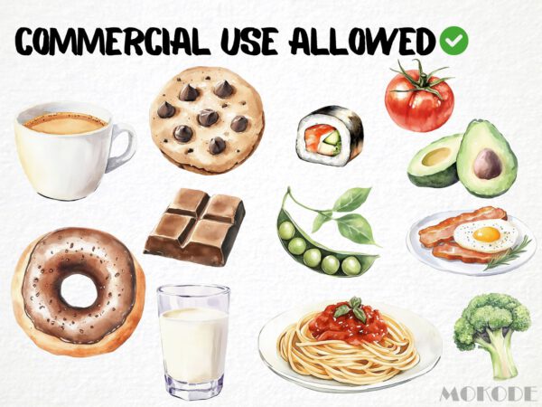 Watercolor Food Clipart 47 Png, Cute Breakfast, Kids Illustration, Junk Food, Healthy Veggies, Fruits Clipart Digital Prints, Commercial Use - Image 5