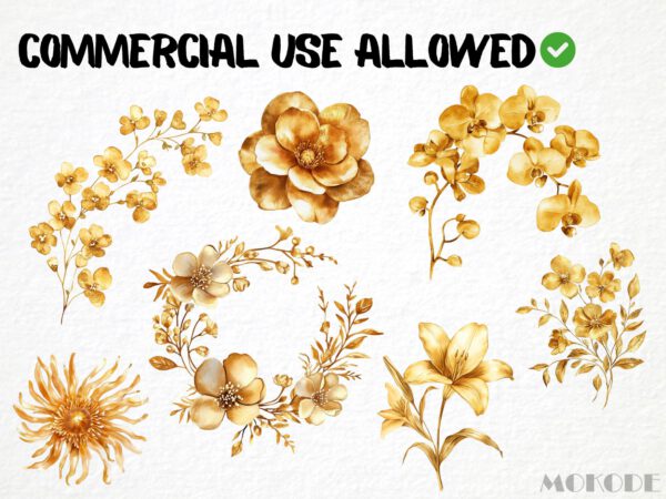 Golden Flowers Clipart, 35 Metallic Floral Graphics, Golden Roses Png, Floral Overlays Crafting Material, Scrapbooking Art Invitations - Image 5