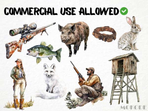 Watercolor Wildlife Hunter 96 Png Clipart Bundle, Forest Game Hunting, Deer Illustration Scrapbooking, Card Making, Woodland Commercial Use - Image 5