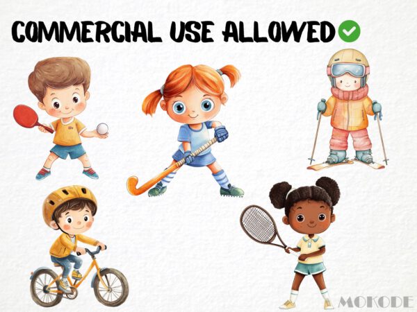 Sports Kids Clipart 40 Png, Cute Athlete Watercolor Football Team Illustration, Basketball Player, Tennis Kids Commercial Use, Soccer Ball - Image 4