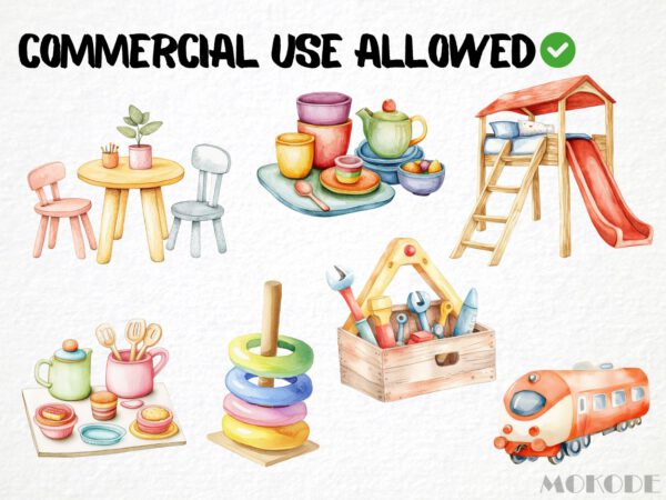 Watercolor Playroom Clipart 91 Png, Childrens Toys Cute Playtime Illustration, Kindergarden Nursery Boys and Girls Toys, Commercial Use - Image 5