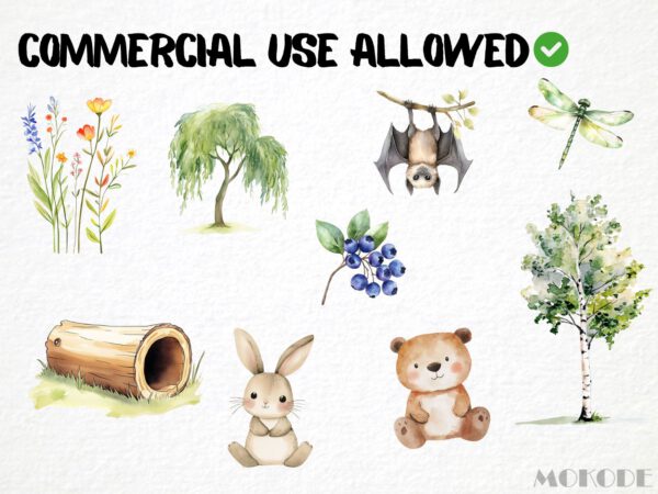 Cute Woodland Clipart 61 Png, Watercolor Forest Animals Nursery, Digital Download, Bunny, Fox, Racoon, Deer png, Commercial Use, Pine Tree - Image 5