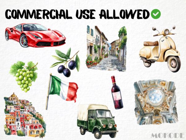 Watercolor Italy Clipart 85 Png, Italian Food Clipart, Summer Italy Trip Tradition, Rome Street, Clipart Instant Download Pizza, Colosseum - Image 5