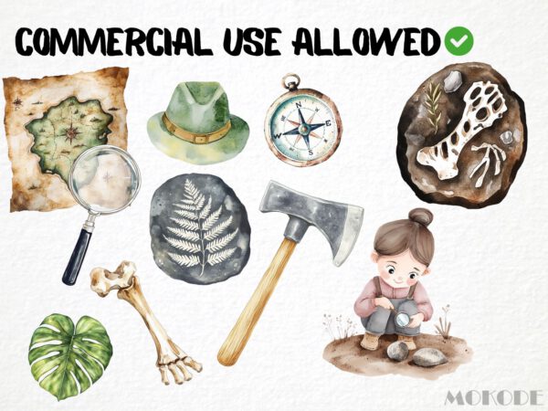 Watercolor Fossil Explorers Clipart 55 Png Cute Nursery Dino Bones Peleontology Clipart, Fossilized Stone, T-rex Dinosaur Instant Download - Image 4