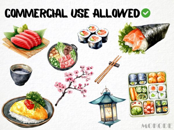 Watercolor Japanese Food Clipart 60 Png, Asian Kitchen Graphics, Sushi Japanese Food Traditional and Trend. Digital Prints, Commercial Use - Image 4