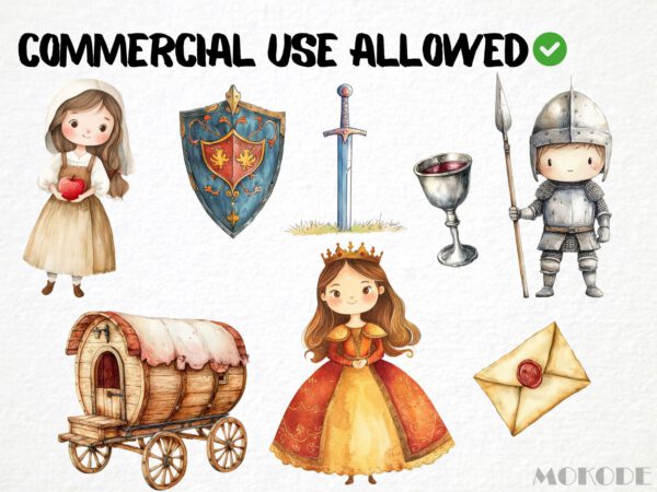 Watercolor Medieval Knight Clipart 52 Png, Middle Age Castle Clipart Fantasy King, Cute Princess Clipart Instant Download, Nursery Dragon - Image 4