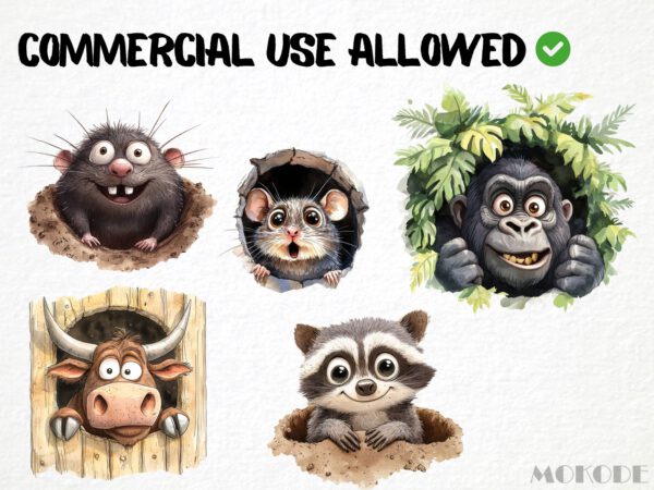 Funny Animals in Hole Clipart 41 Png, Cute Caricature Pets, Peeking Dog Watercolor, Quirky Monkey Cartoon, Digital Prints, Sticker Scrapbook - Image 4