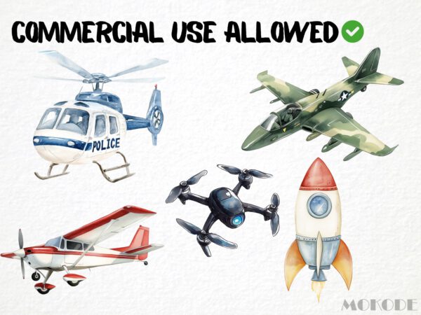 Flying Vehicles Watercolor Clipart 25 Png, Airplane Graphics, Hot Air Balloon Nursery Art, Cute Helicopter, Instant Download Digital - Image 4