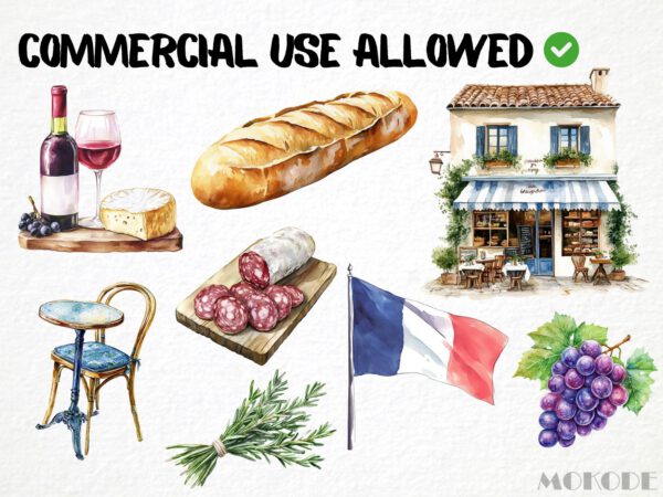 Watercolor Charcuterie Clipart 82 Png, French Cuisine Graphics, France Meat Food Picnic, Cheese, Baguette, Digital Prints, Commercial Use - Image 4