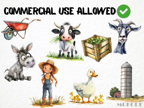 Funny Farm Clipart 85 Png, Funny Cartoon Farmer Watercolor Barn, Fresh Produce, Cartoon Animals, Digital Prints, Quirky Cow, Silly Chicken - Image 4