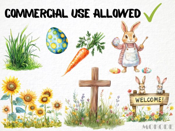 Easter Spring Clipart 58 Png, Cute Caricature Easter Egg, Quirky Rabbit Watercolor, Cartoon Bunny, Cross Digital Prints Commercial Use - Image 4