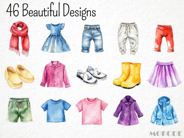 Watercolor Kids Clothing Clipart 46 Png Cute Clothes Graphic, Shirt, Shoes, Pants, Sock, Kindergarden Poster Commercial Use Instant Download - Image 3