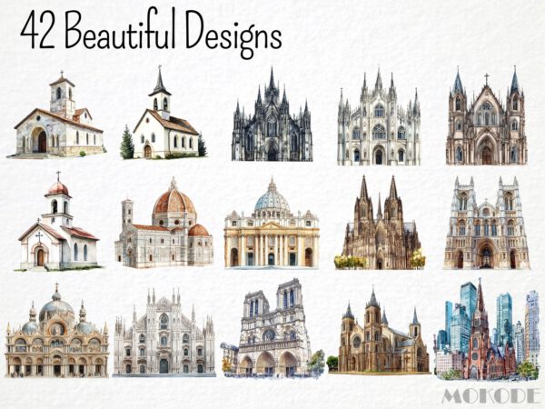 Famous Churches Clipart Png, Watercolor Church Notre Dame Cathedral, St. Peters Basilica, Catholic Church, Protestant Church Building Art - Image 3