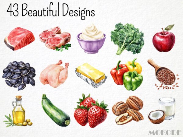 Low Carb Food Clipart Watercolor Vegetable png, Healthy Low Carbs Diet Digital Art, Nuts, Berries and Fish Meats, Commercial Use, Download - Image 3