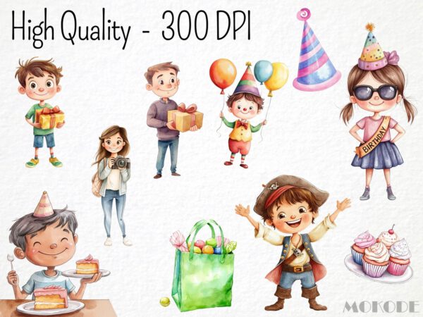 Watercolor Kids Birthday Party Clipart 62 Png, Cartoon Birthday Balloon Invitation Illustration, Gifts, Digital Prints, Instant Download - Image 2