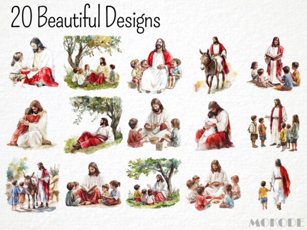 Jesus with Kids Clipart 20 Png, Watercolor New Testament Jesus Christ healing Children, Bible Stories Christian, Religious Sunday School Art - Image 3