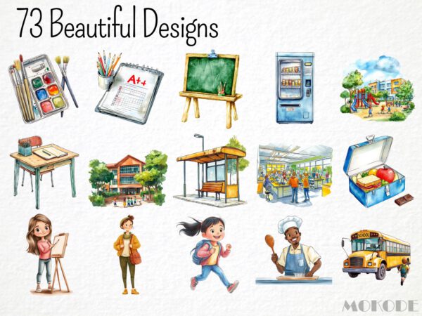 Cartoon School Watercolor Clipart 73 Png, Funny Elementary School Kids, Teacher Digital Prints, Schoolbus, Instant Download, Scrapbooking - Image 3