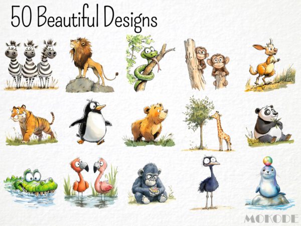 Watercolor Trip to the Zoo Clipart 50 Png, Cartoon School Kids at Zoo, Animals Illustration, Funny Lion Digital Prints, Instant Download - Image 3