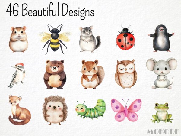 Watercolor Cute Animals Clipart 46 Png, Cute Nursery Woodland, Owl Art, Baby Fox, Aquarelle Insects, Printable Digital File, Invitation card - Image 3