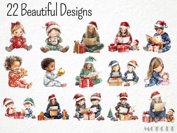 Watercolor Christmas Kids Clipart 21 Png, Christmas Eve Presents Opening, Santa Xmas Tree, Invitation Card Making, Commercial Use - Image 3