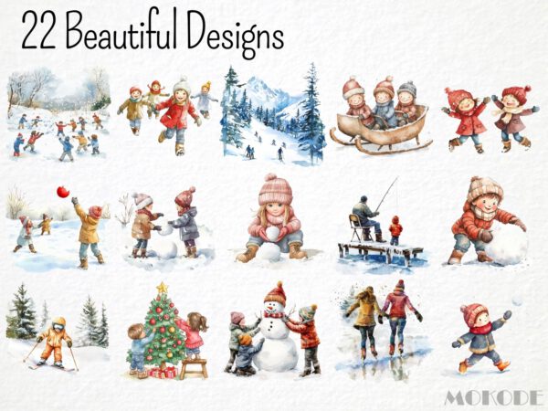 Watercolor Winter Fun Clipart 22 Png, Kids Playing in Snow, Christmas Tree, Kids Baking Cookie, Snowman Snowball Fight, Commercial Use - Image 3