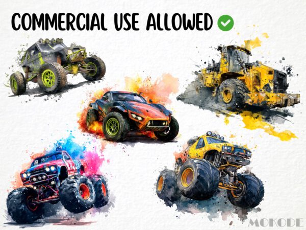 Cool Offroads Clipart 25 Png, Racing Monstertruck Color Splash Tshirt Design Clipart, POD Boys T shirt Graphics Watercolor, Commercial Use - Image 5