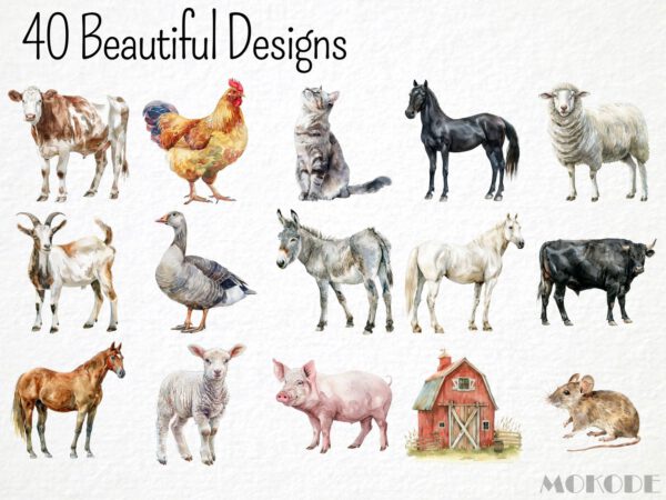 Farm Animals Clipart 40 Png, Watercolor Farm, Cute Cow Illustration, Sheep Art, Goat Clipart, Pig, Horse, Chicken Coop, Digital Download - Image 3
