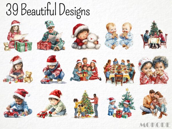 Watercolor Christmas Family Clipart 39 Png, Christmas Eve Presents Opening, Santa Xmas Tree, Invitation Card Making, Commercial Use - Image 3