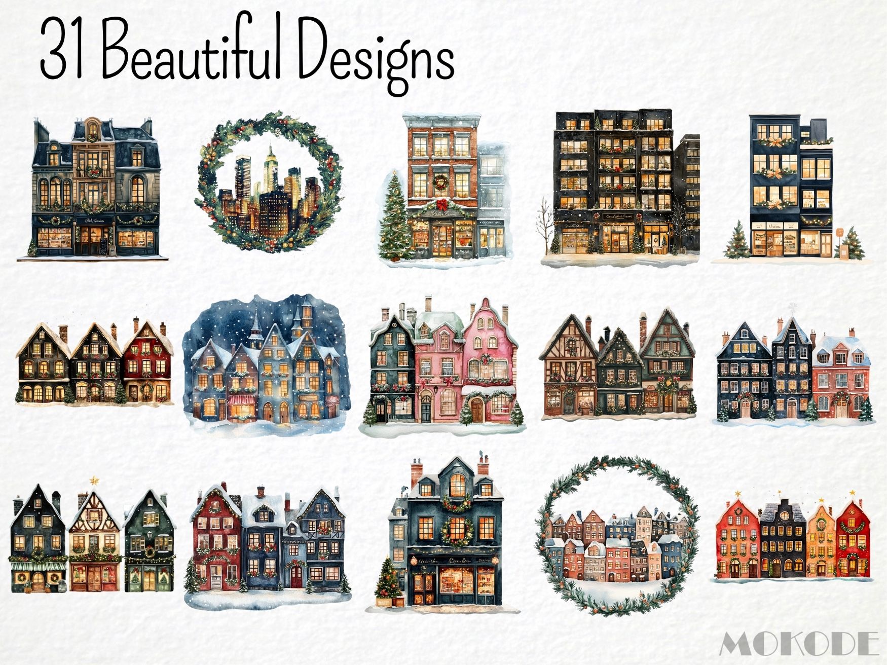 Watercolor Christmas City Clipart 31 Png, Festive Spirit, Winter House Landscape, Snowy Village Building Commercial Use, Digital Download - Image 3